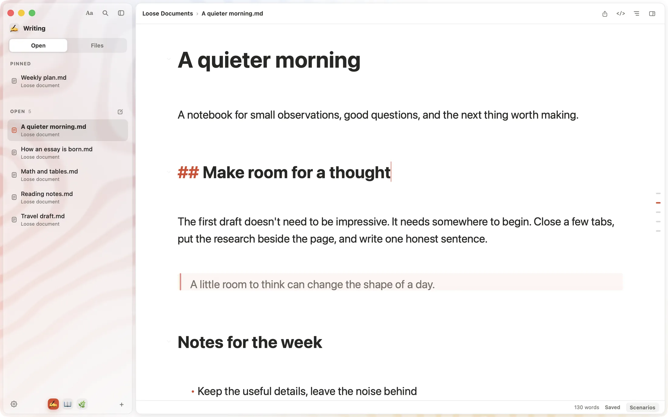 The SSmd editor: headings show no # marks except the one with the cursor, which shows ##