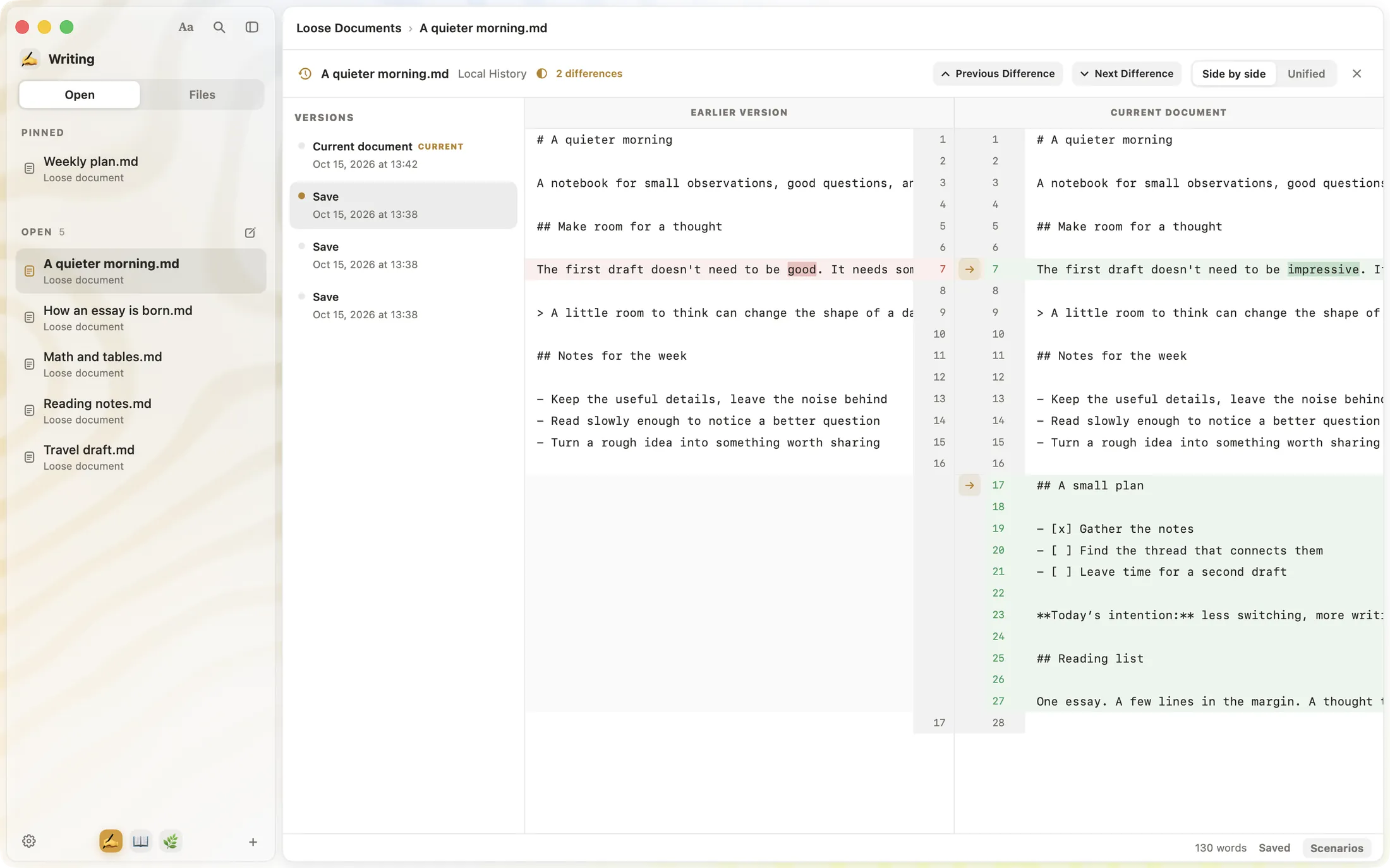 SSmd Local History: saved versions on the left, an earlier version and the current document side by side
