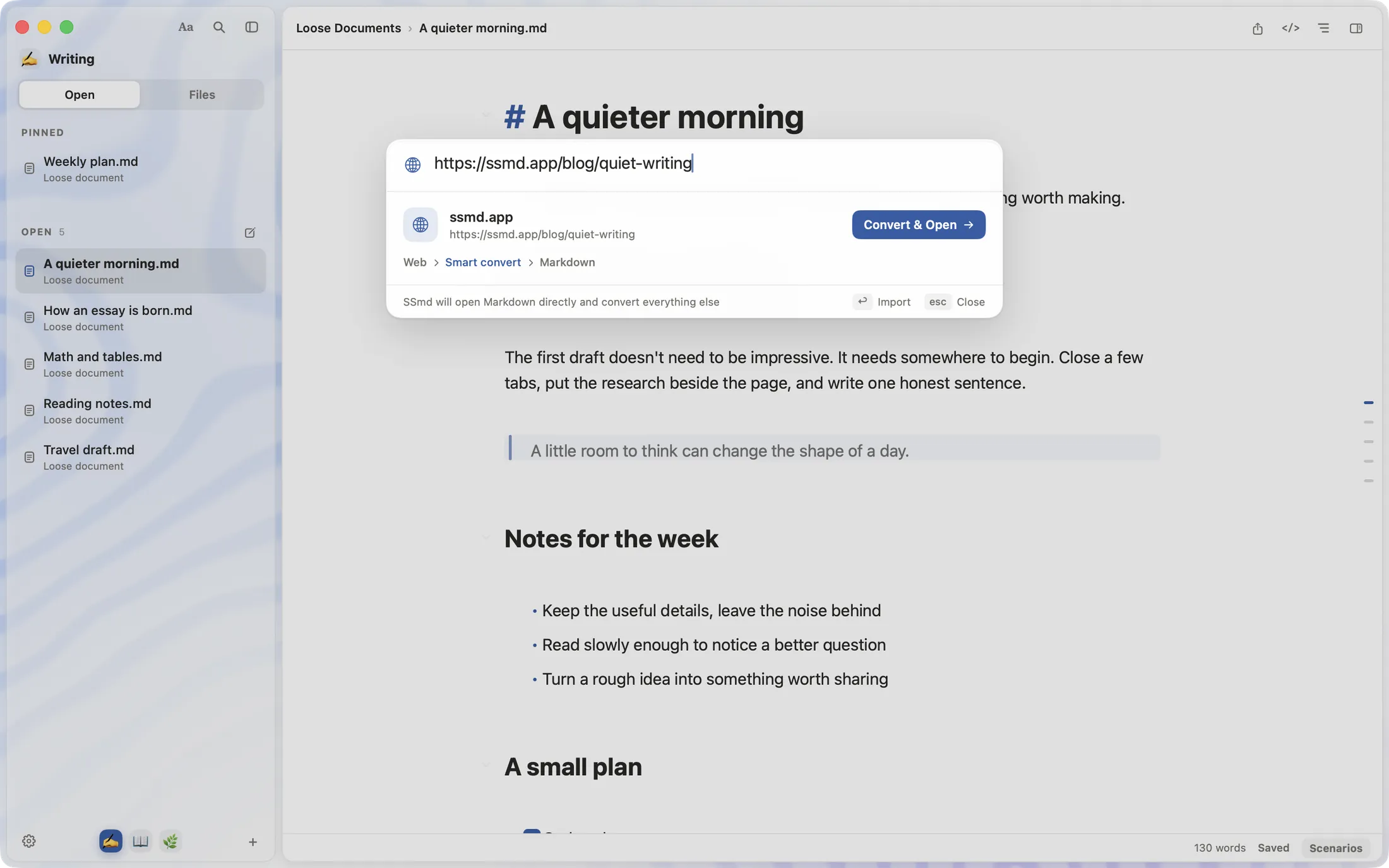 Smart Open over the SSmd window: a pasted web address can be converted to a Markdown document