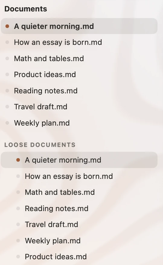 Magnified: A quieter morning.md, Weekly plan.md and other files in the folder