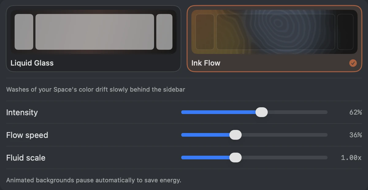 Settings, Background, with Ink Flow selected and its intensity, flow speed and scale sliders