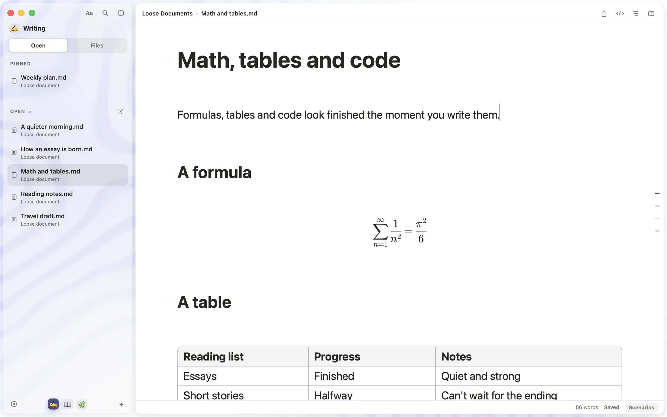 The SSmd editor: a display formula and a three-column table